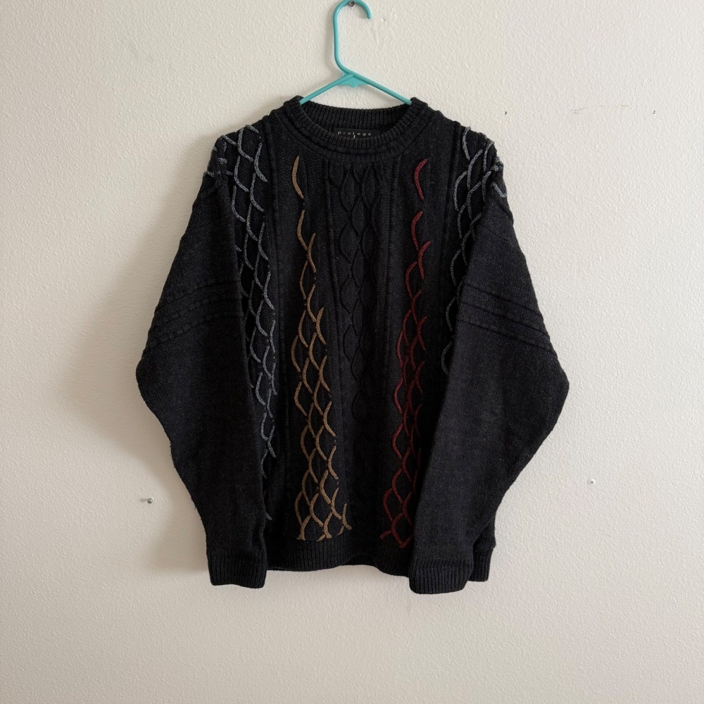 Protege Collection Vintage 90s 3D Textured Cable Knit Sweater Gray Mens Large